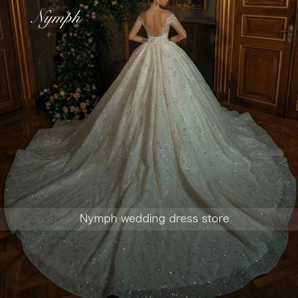 Customized Ball Gown Lace Wedding Dresses Princess Beaded Full Sleeves Bridal Dress Sweep Train Customized