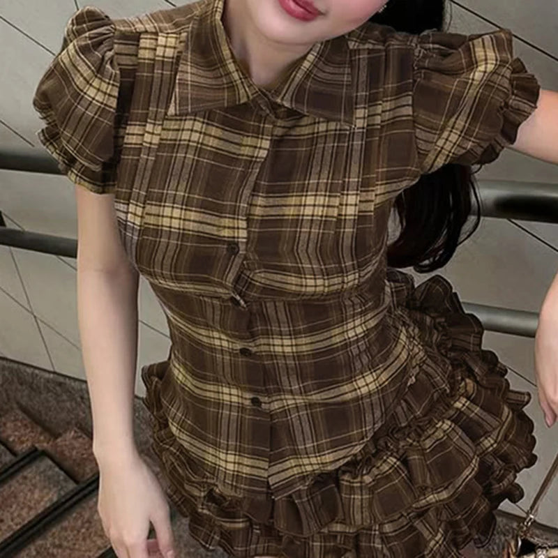 BIIKPIIK Vintage Plaid Short Sleeve Casual Shirts Gentle Sweet Turndown Collar Button Frill Puff Sleeve Shirt Spring Summer Tops