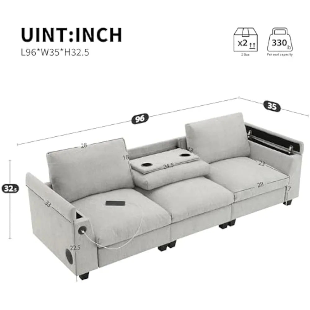 96'' Sectional Sofa with Bluetooth Speaker, with Drop-Down Table, USB Charger, Storage Armrest, Comfortable Cloud Couch