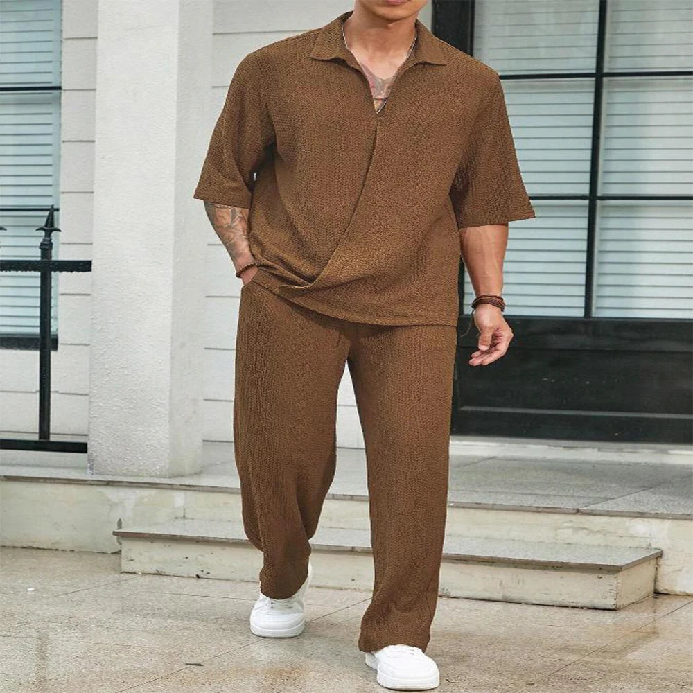 New Spring summer Men's retro casual suit collar solid color half-sleeved shirt loose drawstring pants Two-piece beach Suit