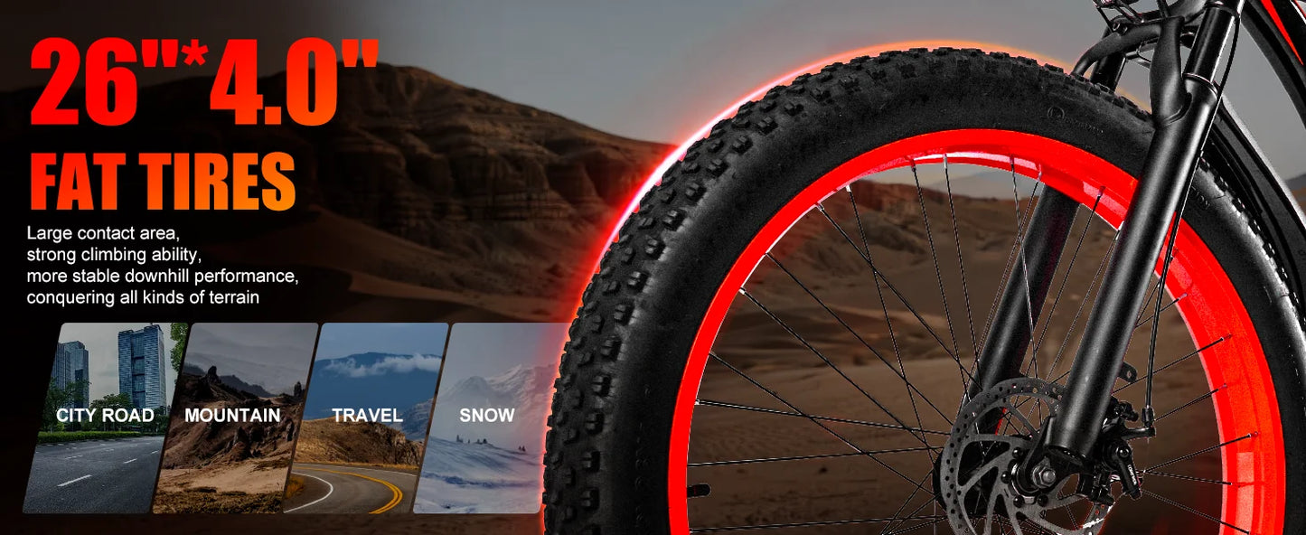Electric Bike Adults 1500W Peak Motor 34Mph Electric Bicycle 26" Fat Tire Mountain Bike 60Mile Range 48V 15AH Electric Dirt Bike