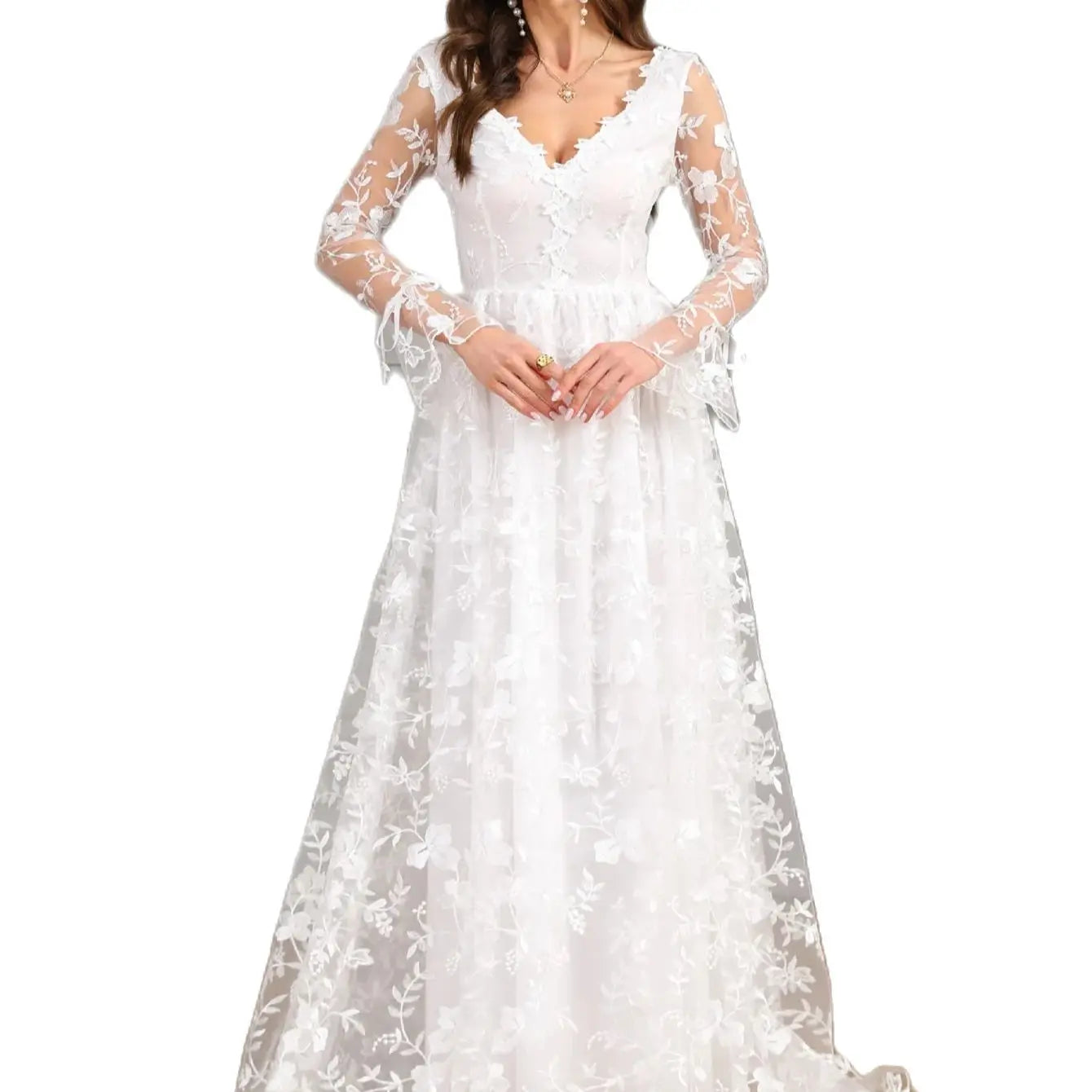 Ladies New Elegant Wedding Dress Autumn Long Sleeve Solid Color High end Wedding Dress Festival Party Evening Dress