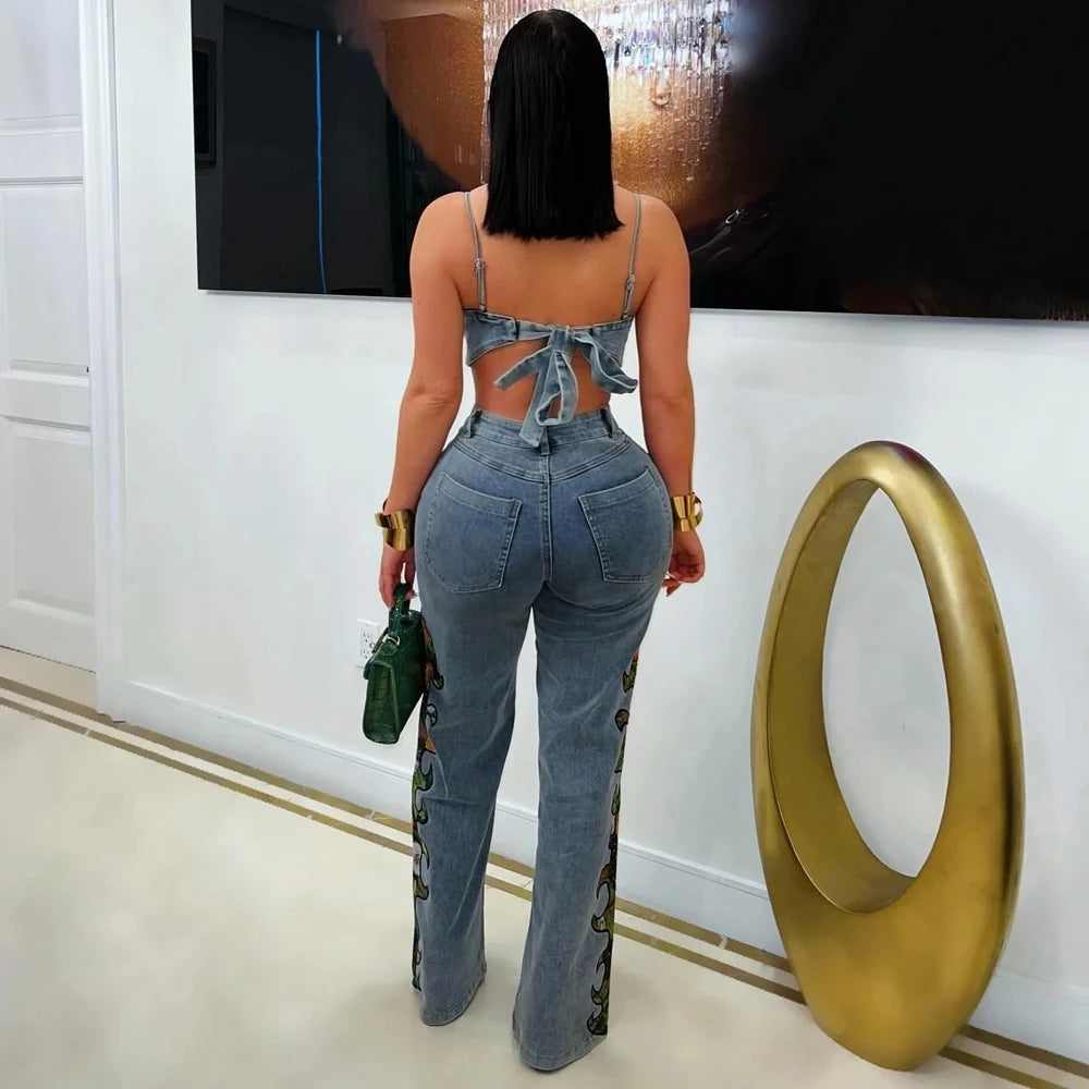Sexy Denim Woman Set Fashion Floral Printed Crop Top and Wide Leg Jeans Pants Suit 2025 Street Wear Two 2 Piece Sets Outfits