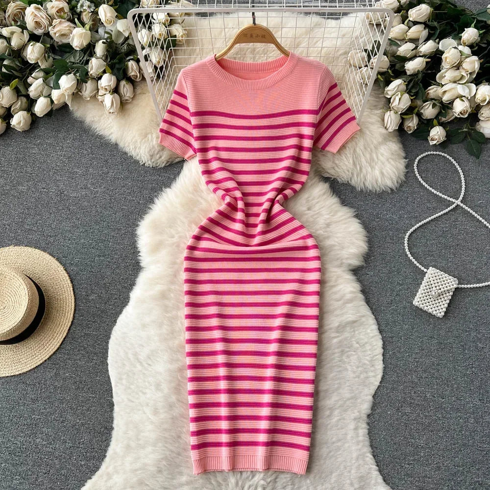 Knitted Dress O Neck Short Sleeves Chic Hotsweet Slim Sundress Streetwear Y2K Bodycon Midi Dress