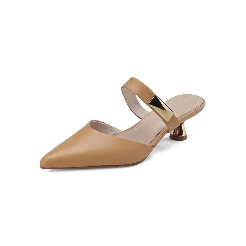 Beige Ladies Casual Med Heels Shoes