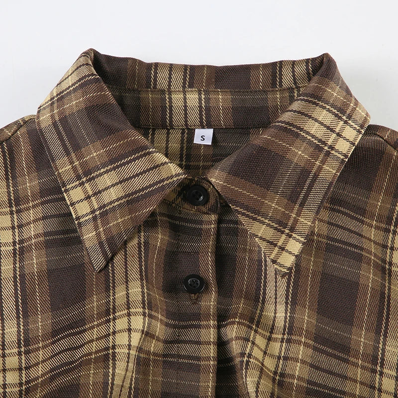 BIIKPIIK Vintage Plaid Short Sleeve Casual Shirts Gentle Sweet Turndown Collar Button Frill Puff Sleeve Shirt Spring Summer Tops