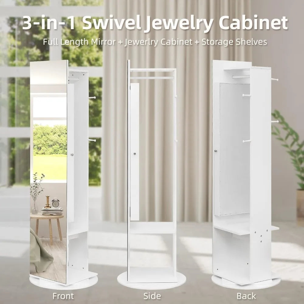 360° Swivel Jewelry Armoire with Full Length Mirror, Slide Jewelry Cabinet Rotating Freestanding Jewelry Organizer with Coat Ra