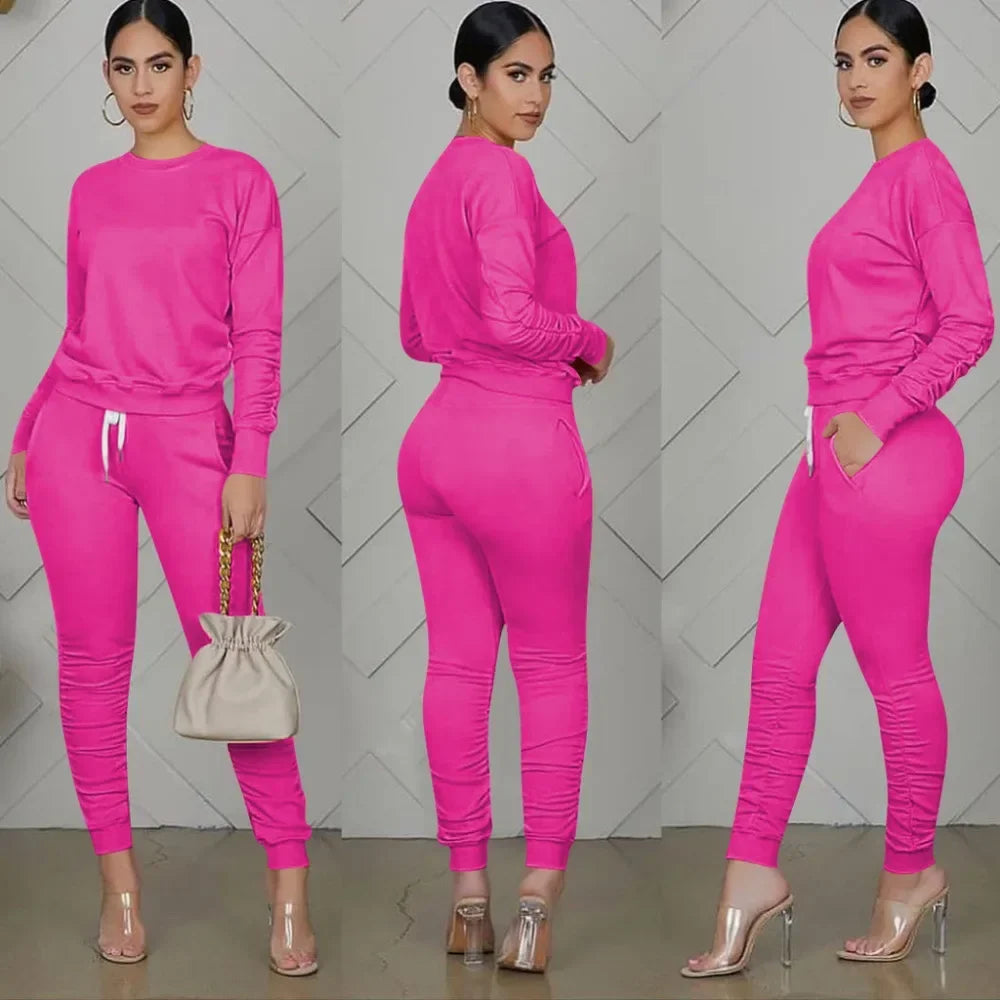New round Neck Long Sleeve Slim Fit Warm Top Elastic Waistband Lace-up Trousers Simple Solid Color Sports Two-Piece Set