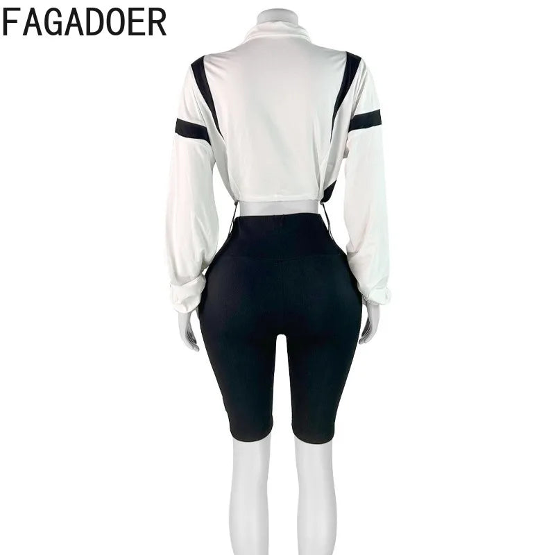 FAGADOER Fashion Sports 2 Pieces Set for Woman Color Block Drawstring Patchwork Crop Top and Pants Outfit Female Streetwear New