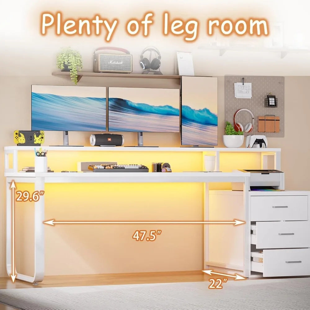 67" Computer Desk with 3 Drawers, Home Office Desk with Long Monitor Stand and Printer Space, Office Desk with Storage & LED Li