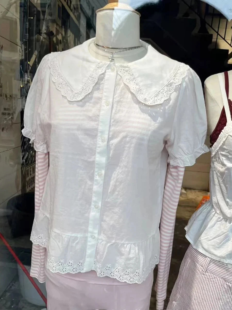 Blue Striped Short Sleeve Blouse Women Summer Peter Pan Collar Single Breasted Top Shirt Preppy Style Sweet Blouses Y2k 2025 New