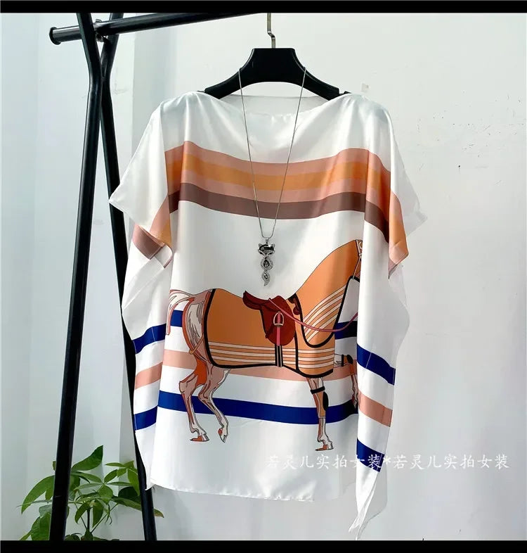 women print satin blouses summer vintage women batwing sleeve print shirts tops lady's satin tops