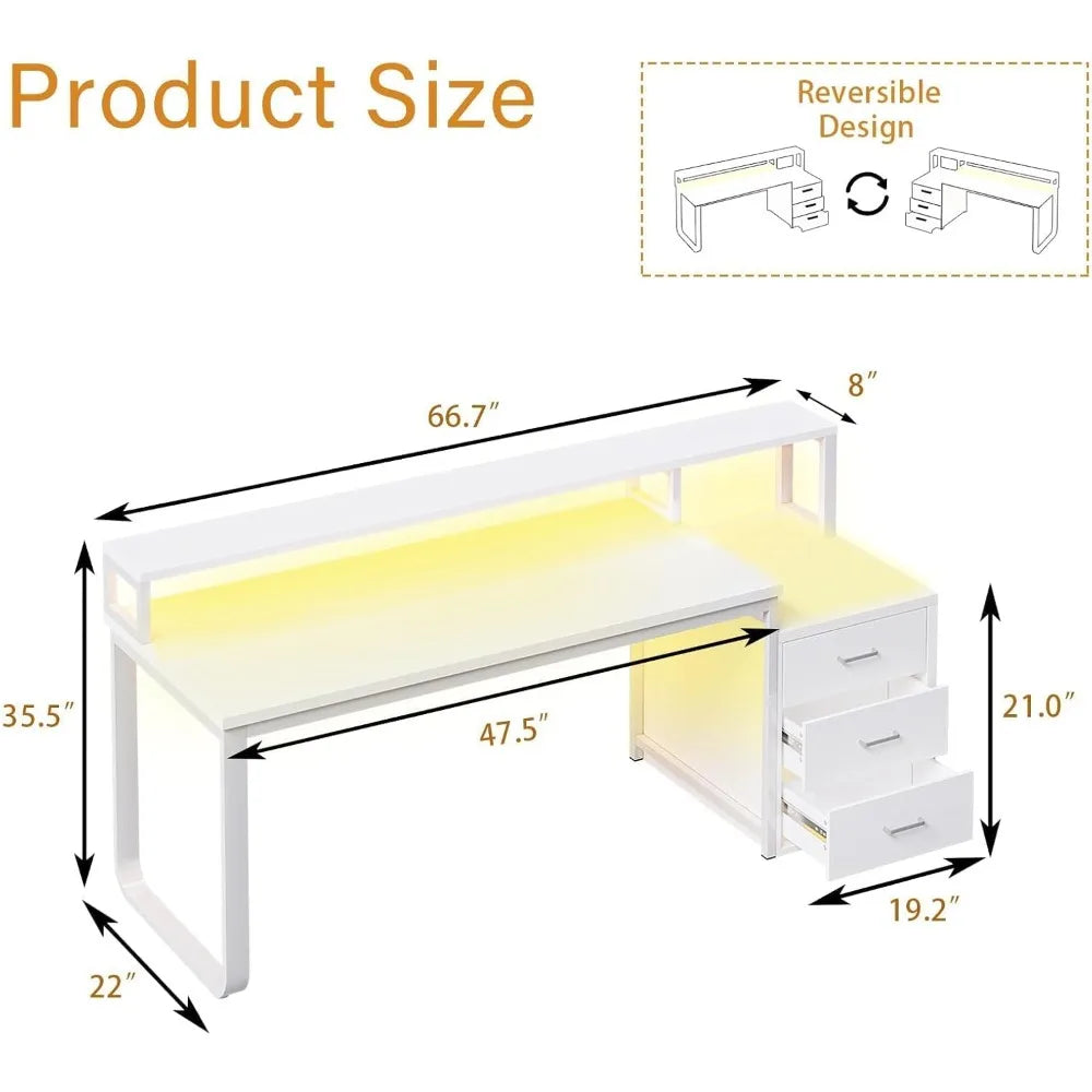 67" Computer Desk with 3 Drawers, Home Office Desk with Long Monitor Stand and Printer Space, Office Desk with Storage & LED Li