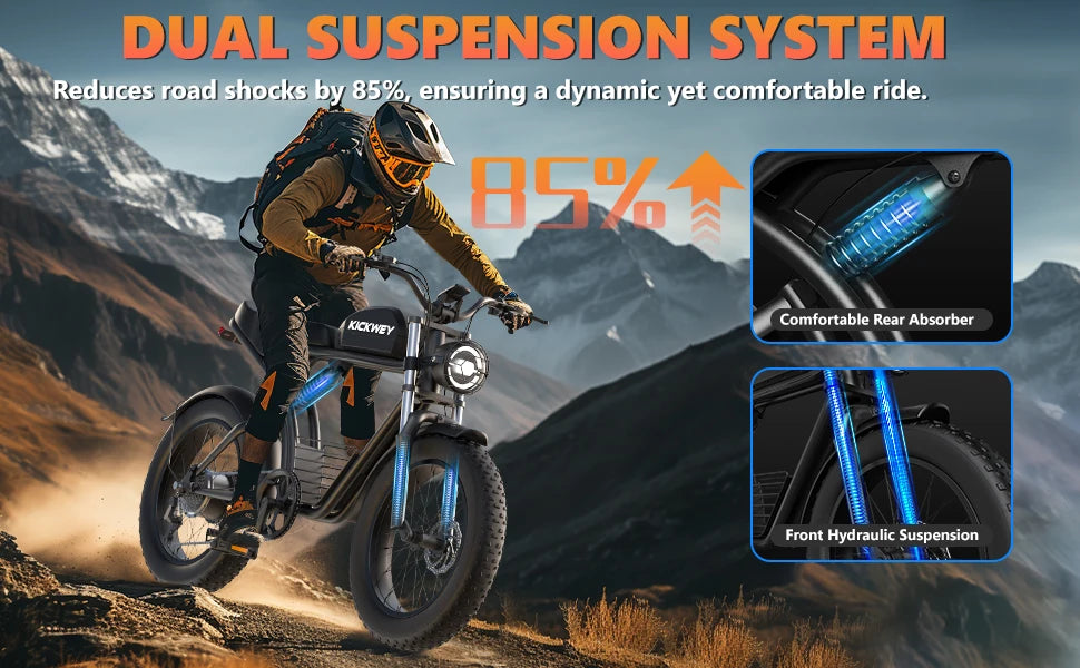 Kickwey K7 Adult Electric Bike 1500W Motor 7-Speed Dual Disc Brakes Full Suspension Ebike 20x4 Wide Tire 50-Mile E Bike