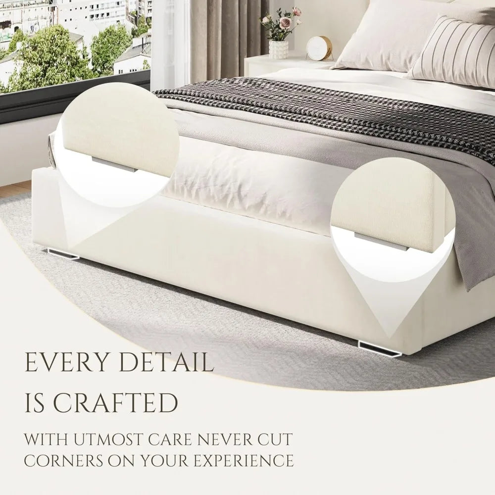 Luxurious King Platform Bed Frame, Velvet Upholstered Headboard with 2 Built-in Wall Sconces & Nightstands, Sturdy Metal & Solid