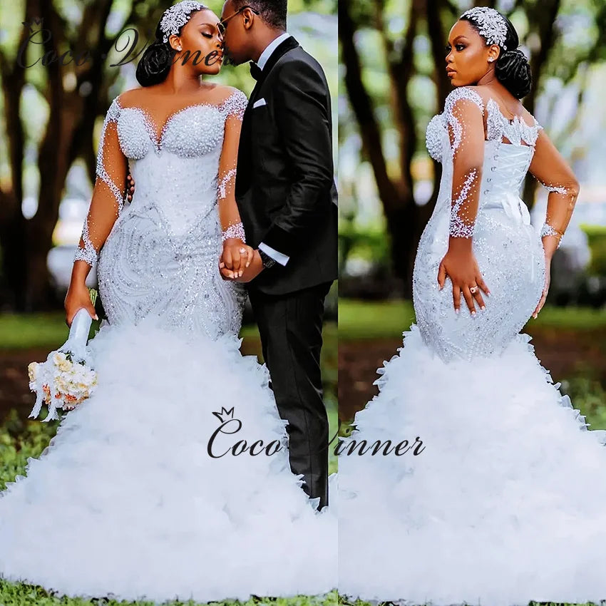 Customized Africa Luxury Mermaid Wedding Dress For Women 2025 New Long Sleeves With Heavy Beading Sequin Lace Bride Dress W1381