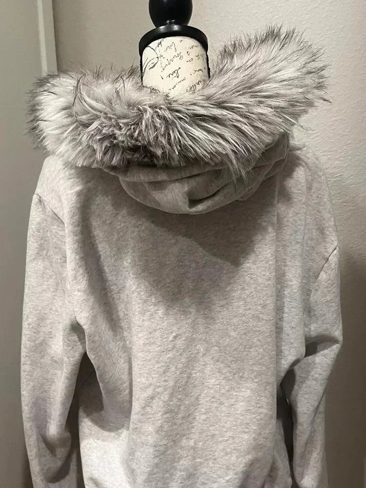 Y2K Gray Flocked Hoodie Womens Harajuku Retro Letter Graphic Embroidered Zipper Jacket Autumn Winter Gothic Sweet Sexy Slim Coat
