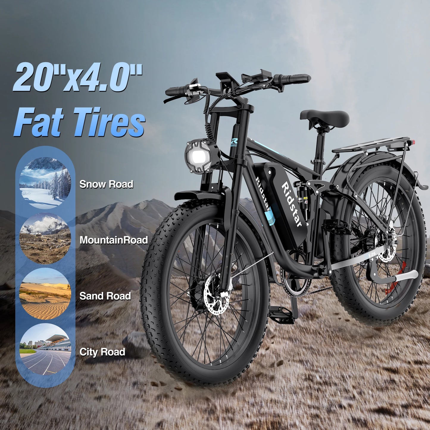 Ridstar 2000W Electric Bike 26 Inch Fat Tire Adult Ebike 48V 23AH Battery Dual Motor Off-Road All Terrain Electric Bicycle EMTB