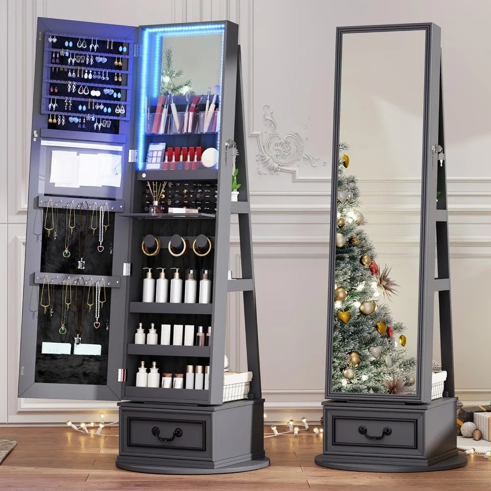Mirror Jewelry Cabinet Standing, 360° Swivel Jewelry Armoire with Full Length Mirror, Lockable Mirror with Jewelry Storage