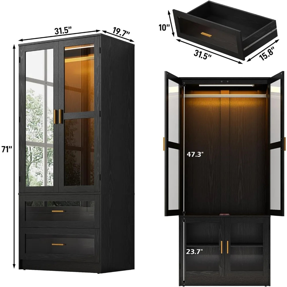 2 Doors Armoire Wardrobe Closet with LED and Mirror,71" H Freestanding Wooden Wardrobe Closet Cabinet for Bedroom w 2 Drawers,Wo