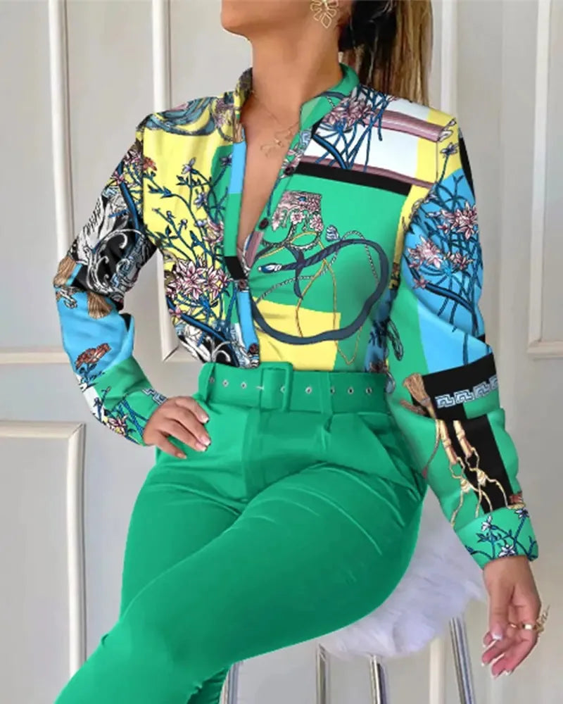 Spring New Printed Long Sleeved Shirt Suit Women's Slim Retro Stand Collar Pocket Small Foot Trousers Two Piece Set With Belt