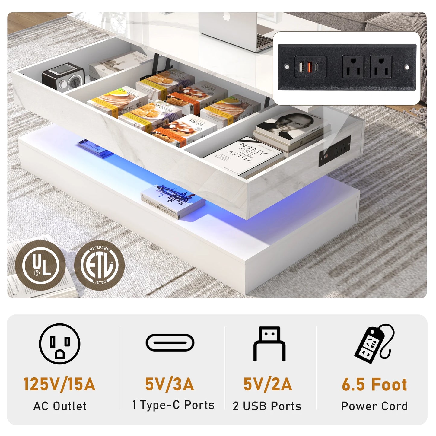 High Glossy LED Coffee Tables for Living Room, Center Table with Open Display Shelf & Large Storage Space, White Coffee Table