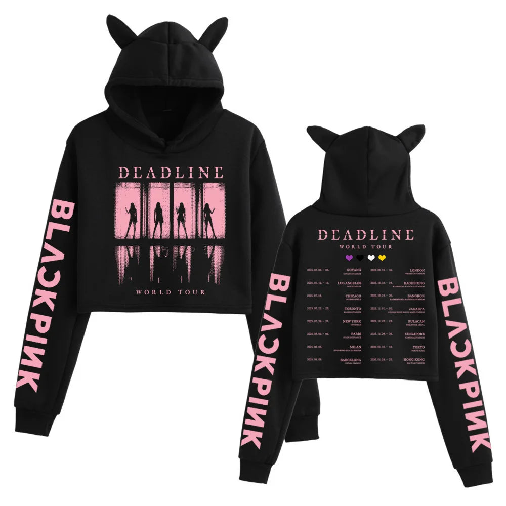 2025 BP Deadline Black World Tour Crop Tops Cat Ears Sweatshirt Long Sleeve Girls Fashion Hoodie