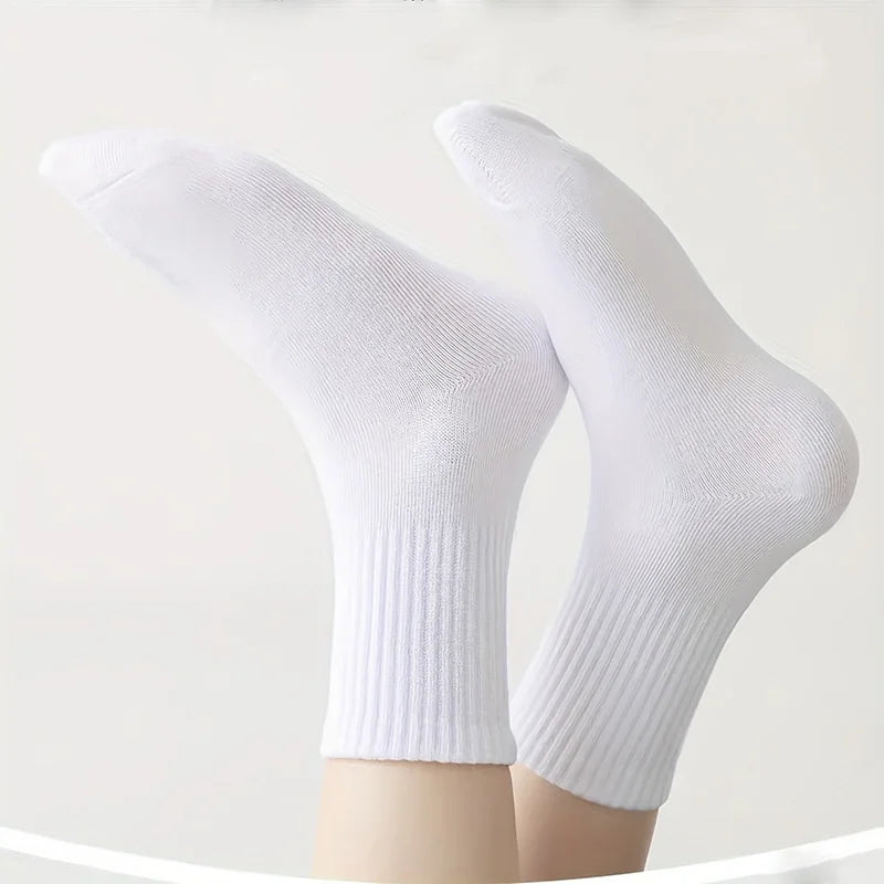 5-piece set of children's black and white solid color mid-calf socks - breathable polyester blend, ribbed texture, comfortable f