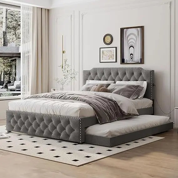 Queen Size Upholstered Platform Bed, Solid Wood Bedframe Linen Fabric with Twin Size Trundle and 2 Sets of USB Ports, Wooden Que