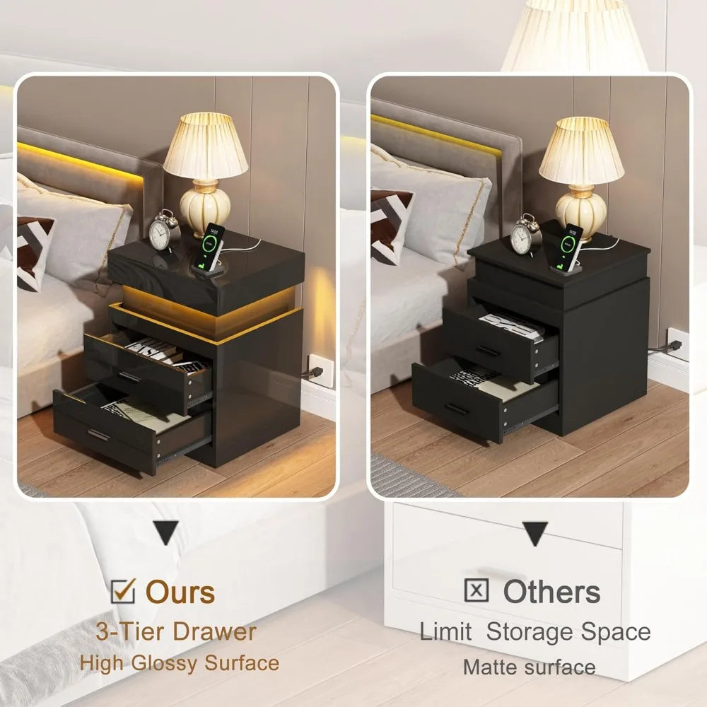 LED Nightstand with Charging Station,Smart Night Stand with Sliding Top Storage, 2-Drawers High Gloss Bedside Table, Modern End