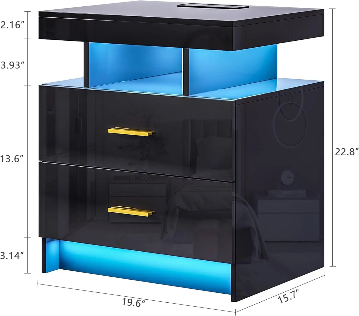 LED Nightstand with Charging Station High Gloss Bedside Table with 2 Drawers, Smart Night Stand with Auto Sensor Lights