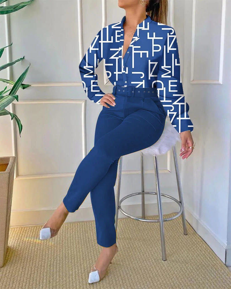 Spring New Printed Long Sleeved Shirt Suit Women's Slim Retro Stand Collar Pocket Small Foot Trousers Two Piece Set With Belt
