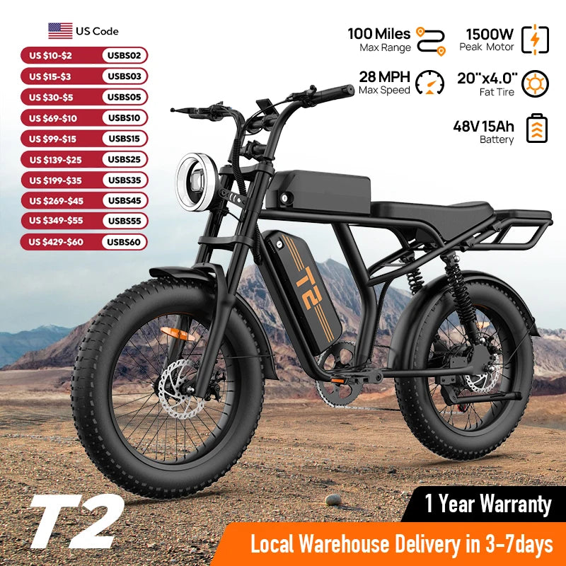 1500W Peak Electric Mountain Bike 48V 15.6Ah Removable Battery 28MPH 100 Mile Range 20X4" Fat Tire E-Bike Free Shipping Hot Sale