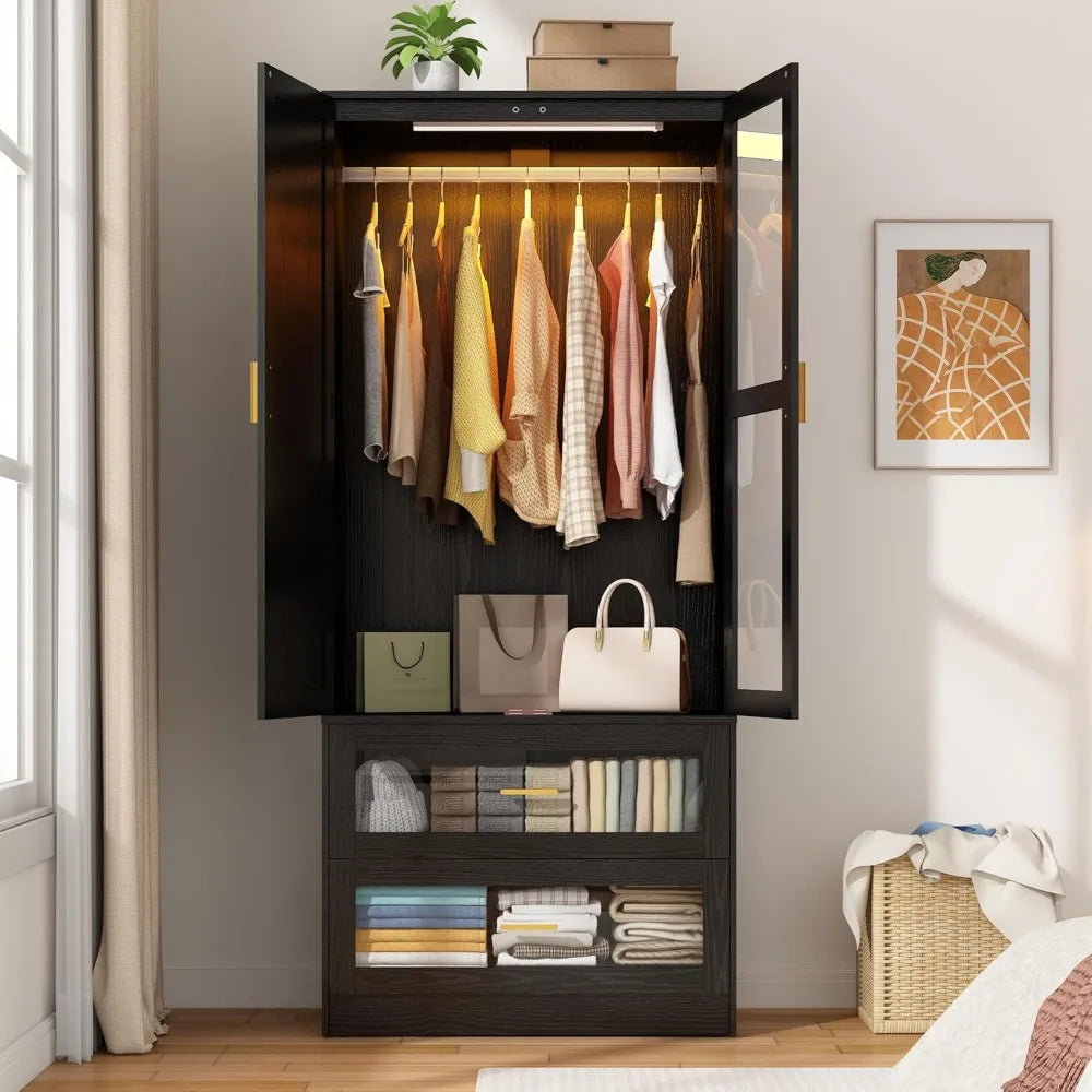 2 Doors Armoire Wardrobe Closet with LED and Mirror,71" H Freestanding Wooden Wardrobe Closet Cabinet for Bedroom w 2 Drawers,Wo