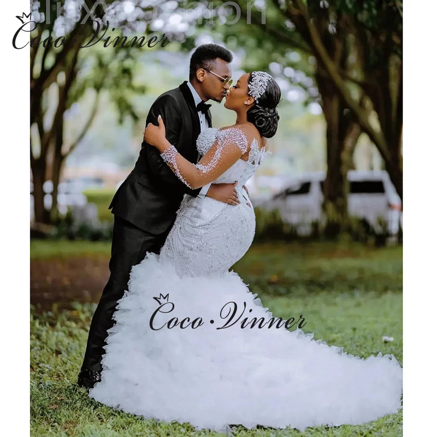 Customized Africa Luxury Mermaid Wedding Dress For Women 2025 New Long Sleeves With Heavy Beading Sequin Lace Bride Dress W1381
