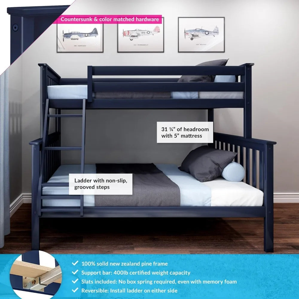 Children Beds, Bunk Bed Twin Over Full Size with Ladder, Solid Wood Platform Bed Frame with Ladder for Kids, Safety Guardrails