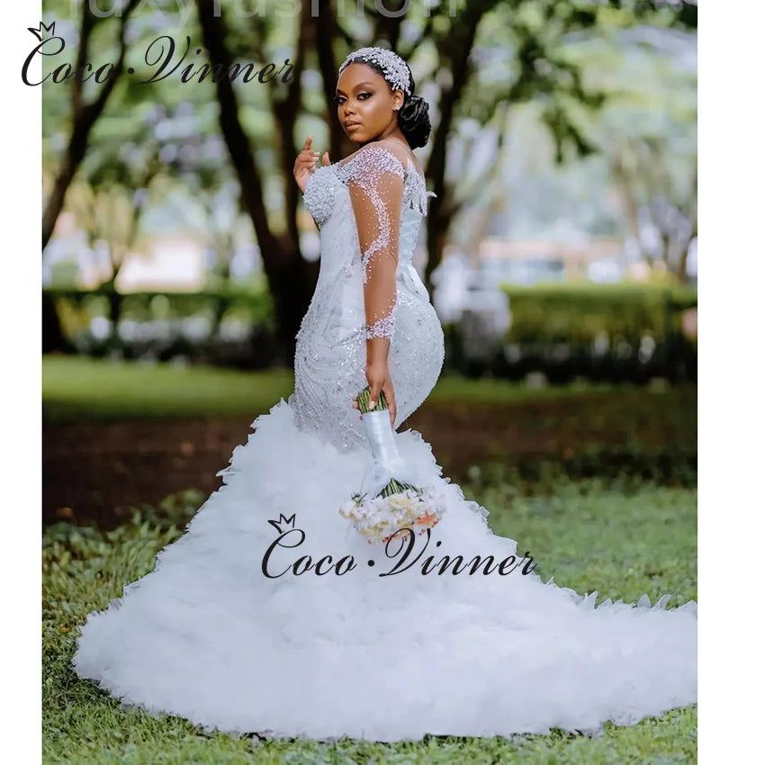 Customized Africa Luxury Mermaid Wedding Dress For Women 2025 New Long Sleeves With Heavy Beading Sequin Lace Bride Dress W1381