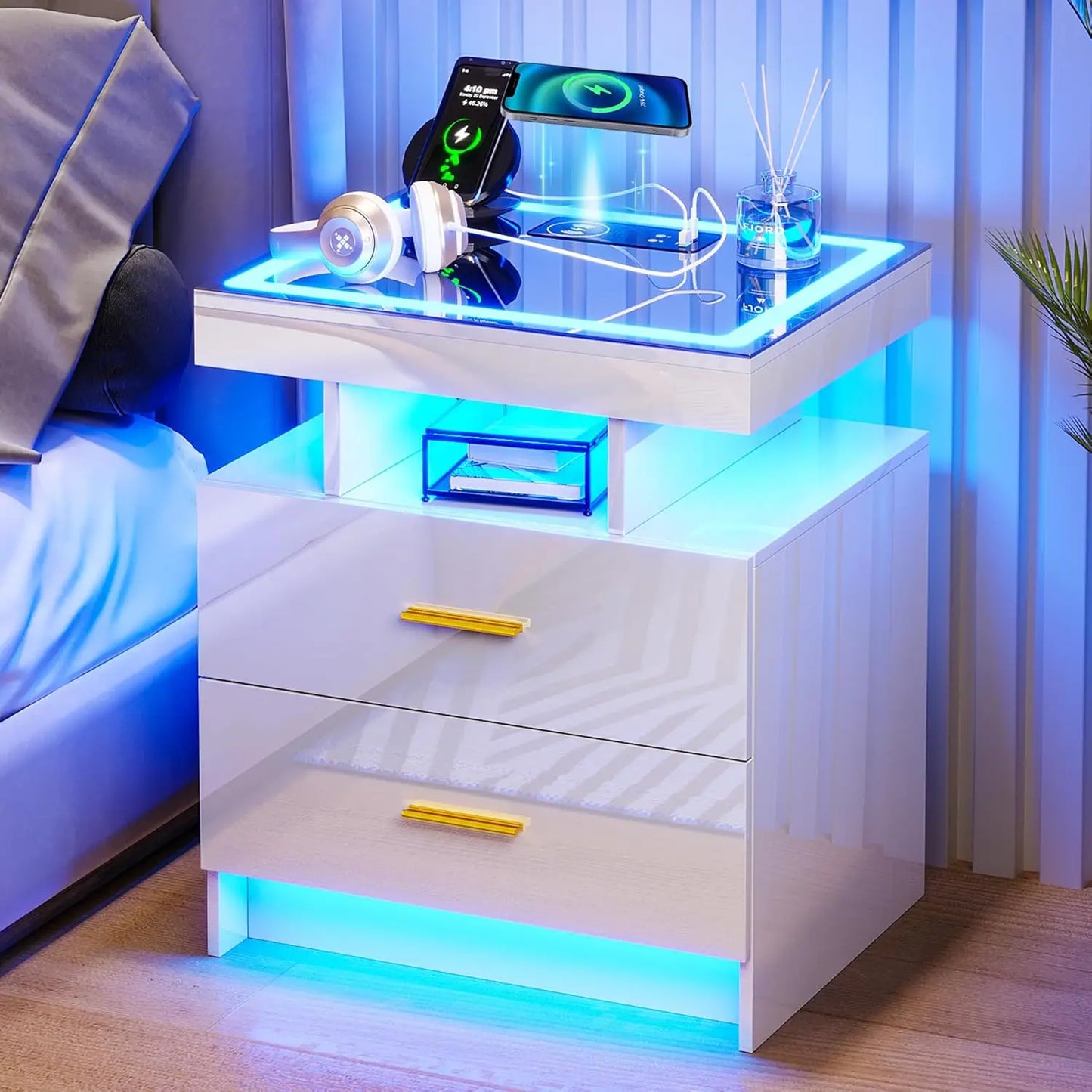 LED Nightstand with Charging Station High Gloss Bedside Table with 2 Drawers, Smart Night Stand with Auto Sensor Lights
