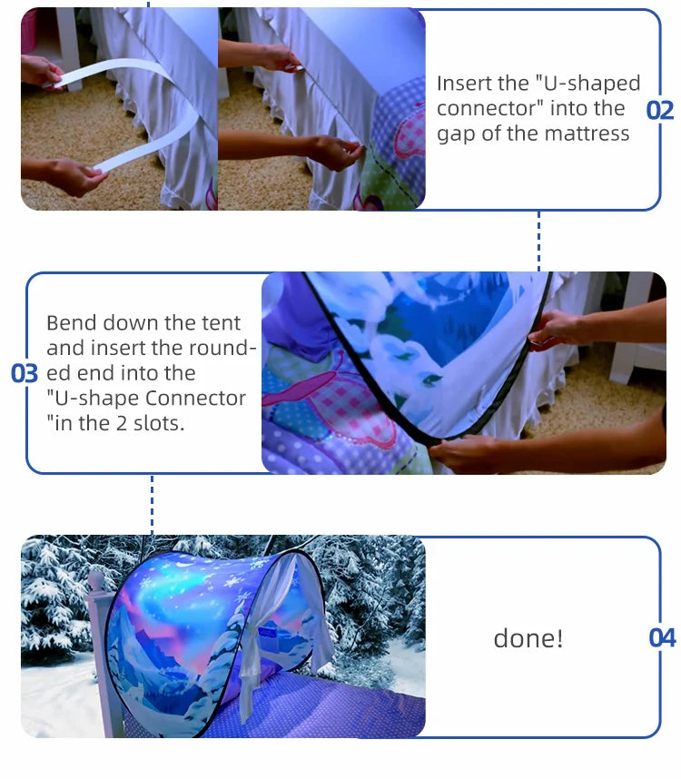 Dream Tent with light show for Kids Bed with Storage Pocket Foldable Kids Tent on Bed Mosquito Net Tent