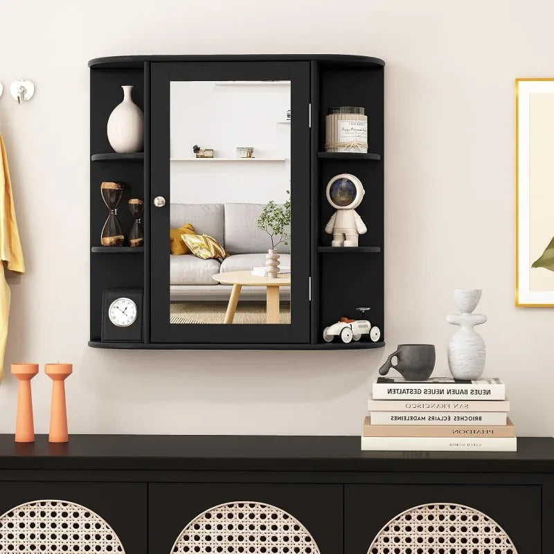 Tangkula Bathroom Medicine Cabinet with Mirror, Wall Mounted Home Storage with Door & 6 Open Shelves, (Black)