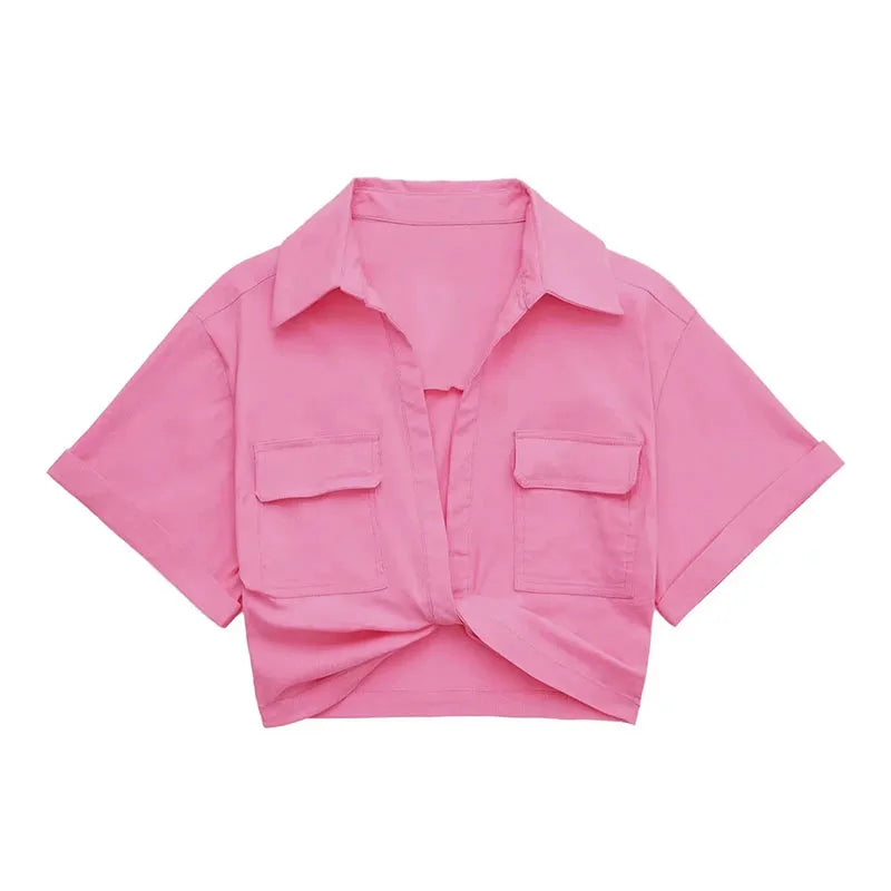 Women Safari Style Pockets Patch Knotted Linen Short Smock Blouse Lady Chic Kimono Cropped Shirt Blusas Tops