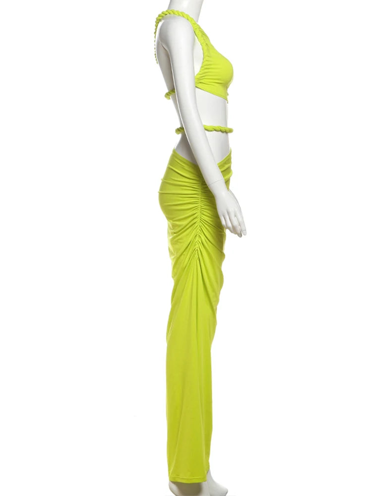 Nibber Temperament Beach Vacation 2 Piece Set Women Irregular Skew Collar Bandage Backless Tops+Ruched Skirts Summer Trend Suit