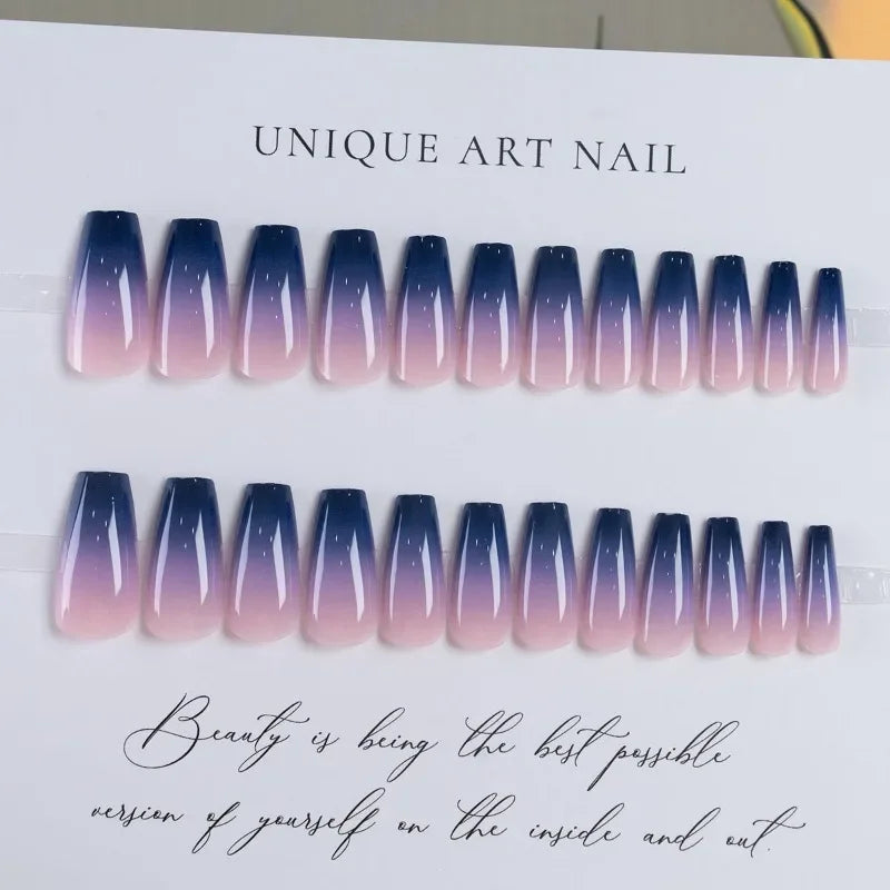 24 Pcs Coffin Square Artificial Fake Nails with Glue Press on Nails with Full Set Tools Long Purple Blue Gradient False Nails