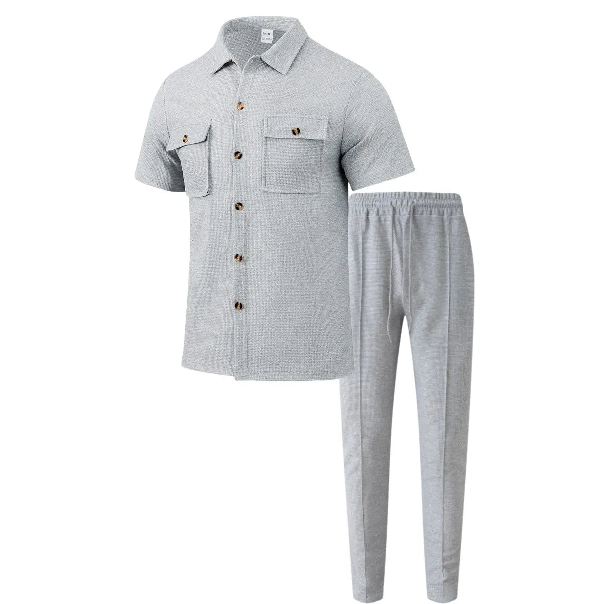 2025 New solid color button pocket shirt short sleeve trousers waffle check two-piece set, outdoor travel set spring and summer