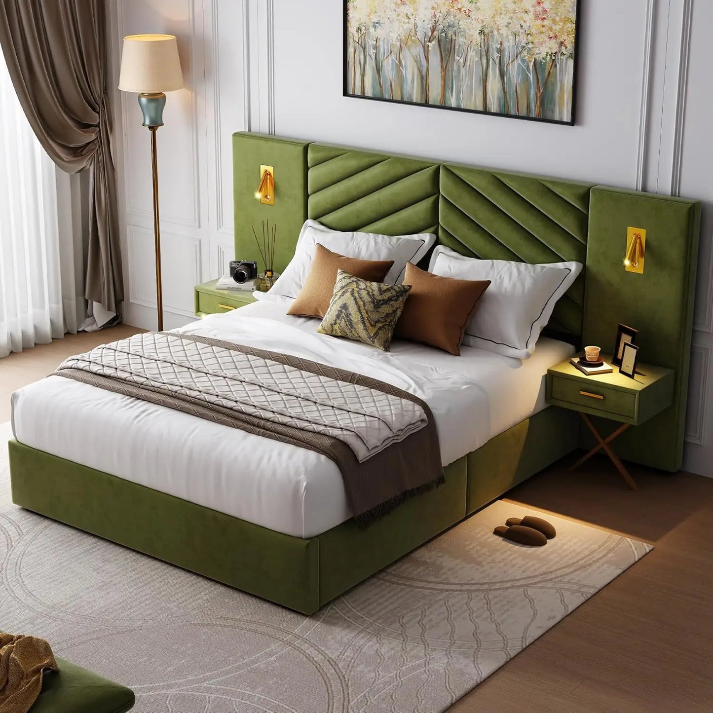 Luxurious King Platform Bed Frame, Velvet Upholstered Headboard with 2 Built-in Wall Sconces & Nightstands, Sturdy Metal & Solid