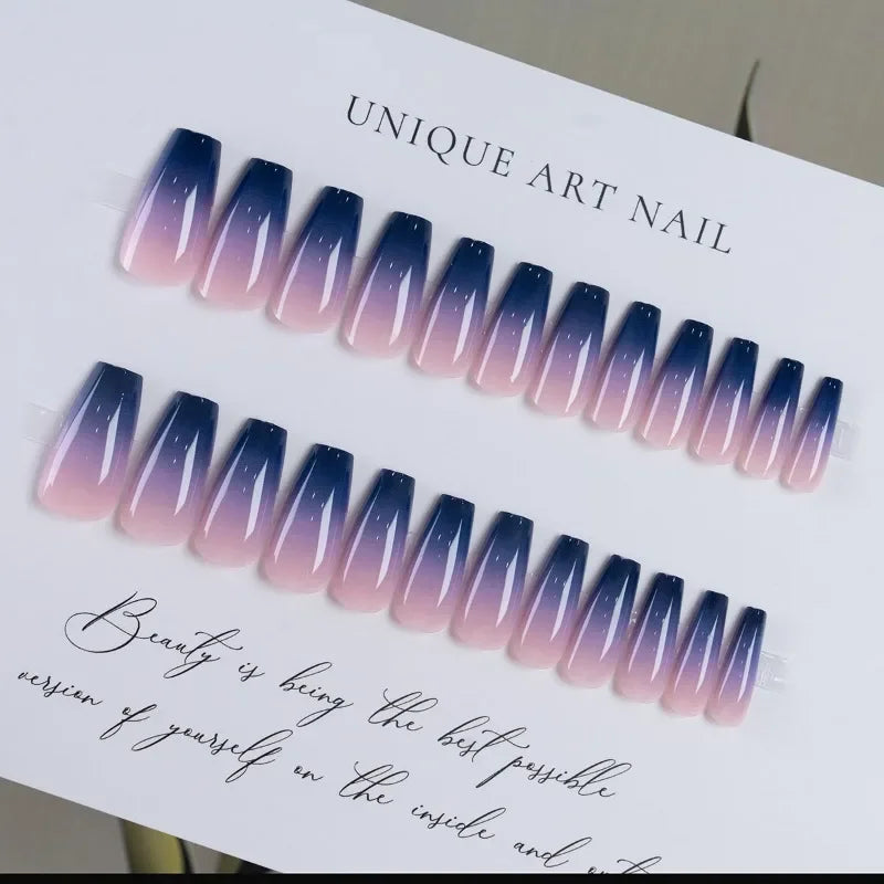 24 Pcs Coffin Square Artificial Fake Nails with Glue Press on Nails with Full Set Tools Long Purple Blue Gradient False Nails
