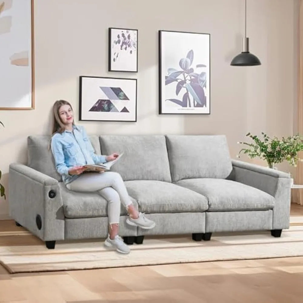 96'' Sectional Sofa with Bluetooth Speaker, with Drop-Down Table, USB Charger, Storage Armrest, Comfortable Cloud Couch