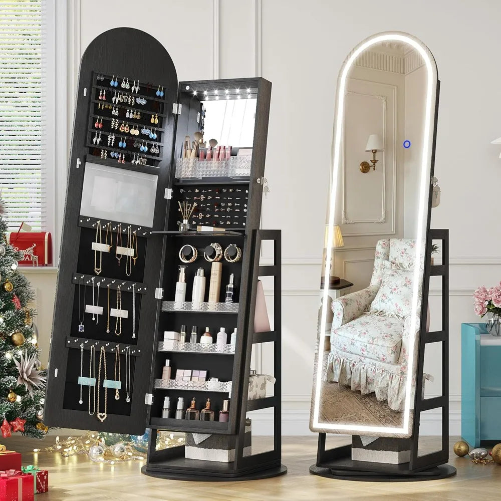 LED Mirror Jewelry Cabinet Standing, Lockable Jewelry Armoire with Arched Full-Length Mirror and Adjustable LED Lights, Space-S