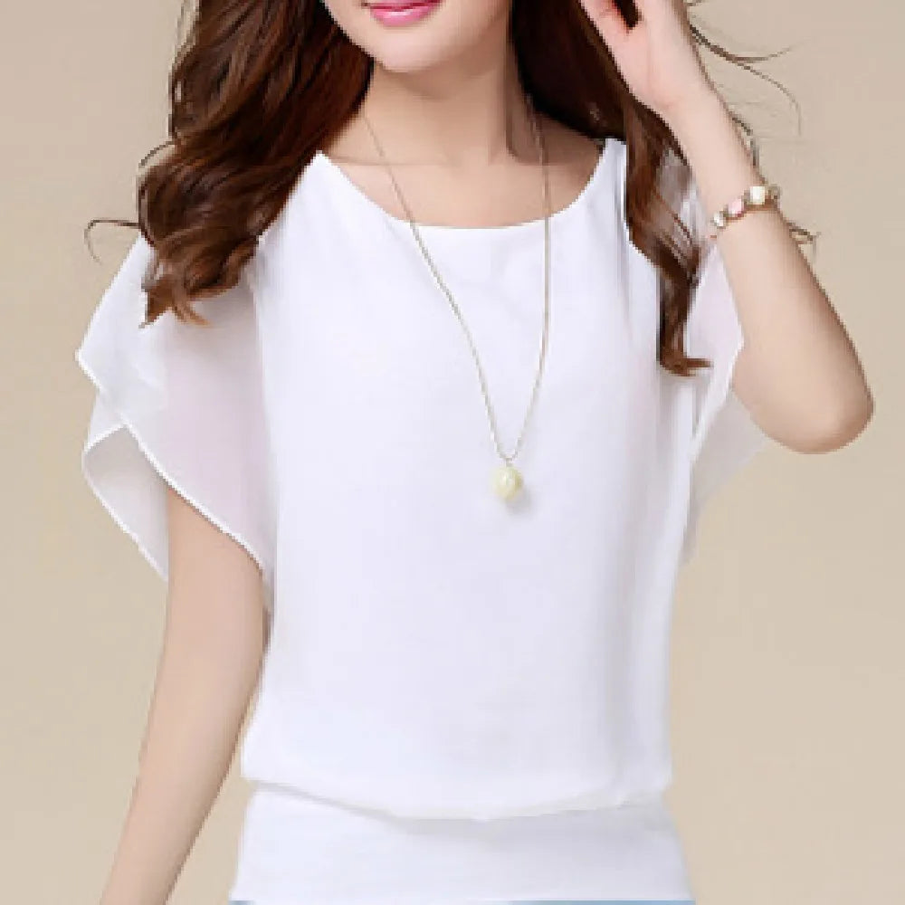 New Summer O Neck Short Sleeve Loose Fashion Chiffon Shirt For Women Top Black Casual Shirts Women Clothes 2025
