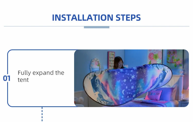 Dream Tent with light show for Kids Bed with Storage Pocket Foldable Kids Tent on Bed Mosquito Net Tent